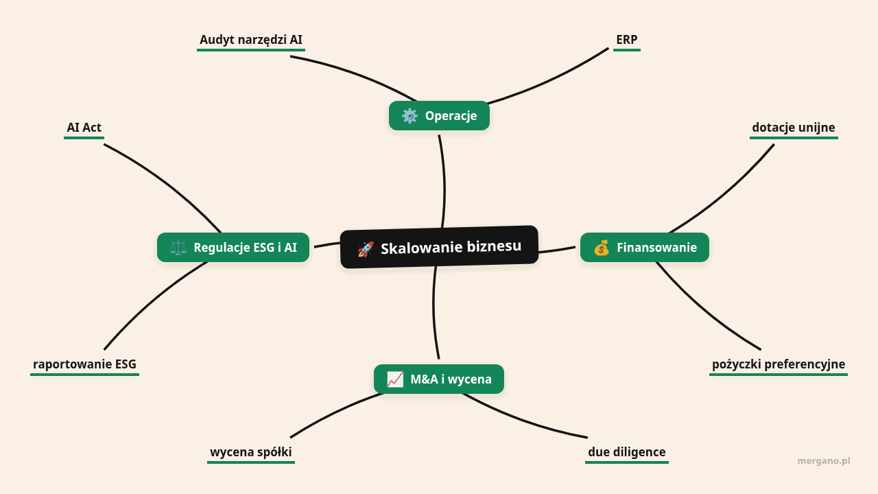 Mapa myśli: Skalowanie biznesu, gałęzie: Operacje, Finansowanie, M&A i wycena, Regulacje ESG i AI